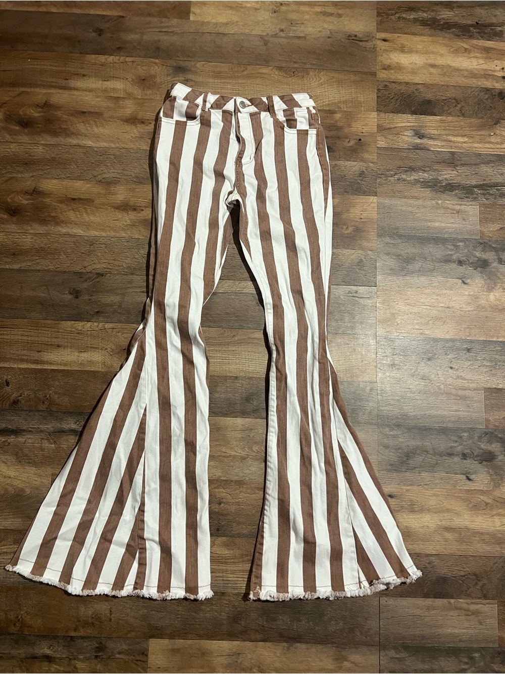 Brown & White Vertical Stripe Flare Jeans for Women